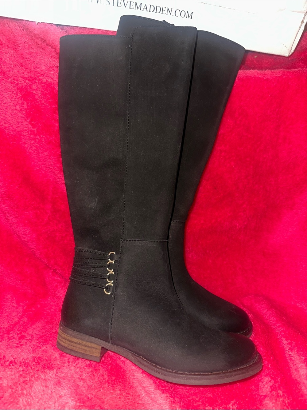 Steve Madden Black Over-the-Knee Faux Suede Boots with Gold Ring Accents